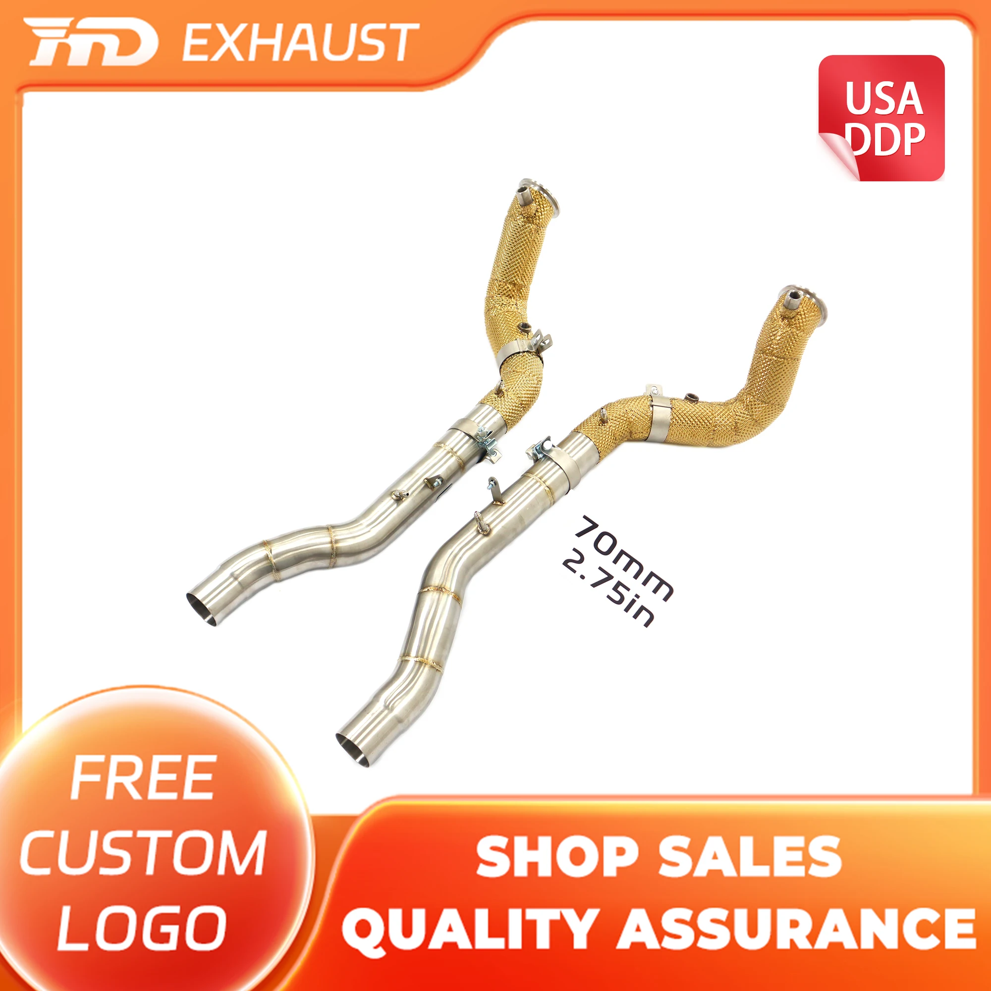 

HMD Hot Sales SS304 Performance Catalytic Downpipe for Ferrari Roma Gold-colored Thermal Insulation Exhaust Car Parts