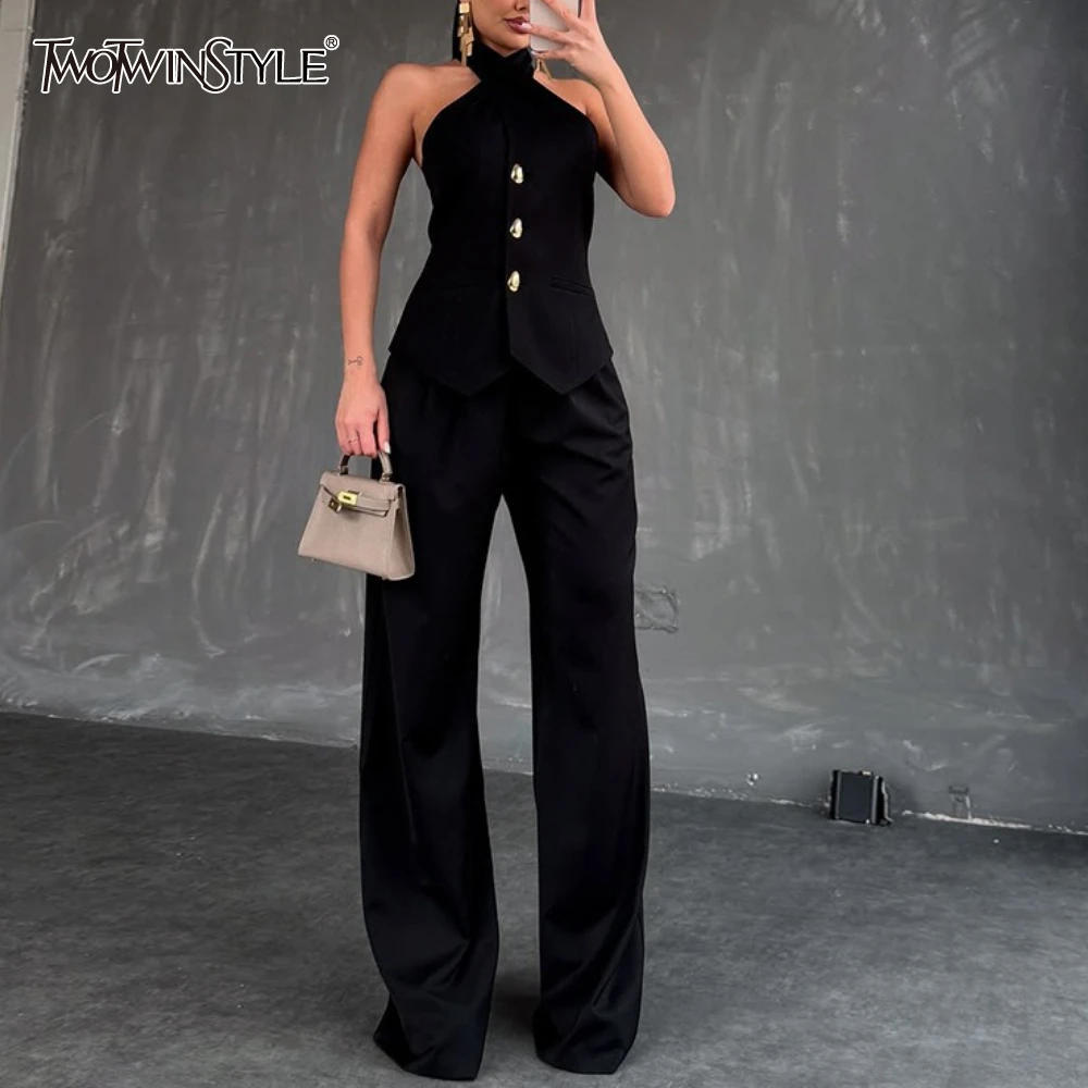 

TWOTWINSTYLE офисные комплекты из двух предметов для женщин, жилет без рукавов с лямкой на шее, топ с высокой талией, прямые брюки, повседневный женский костюм