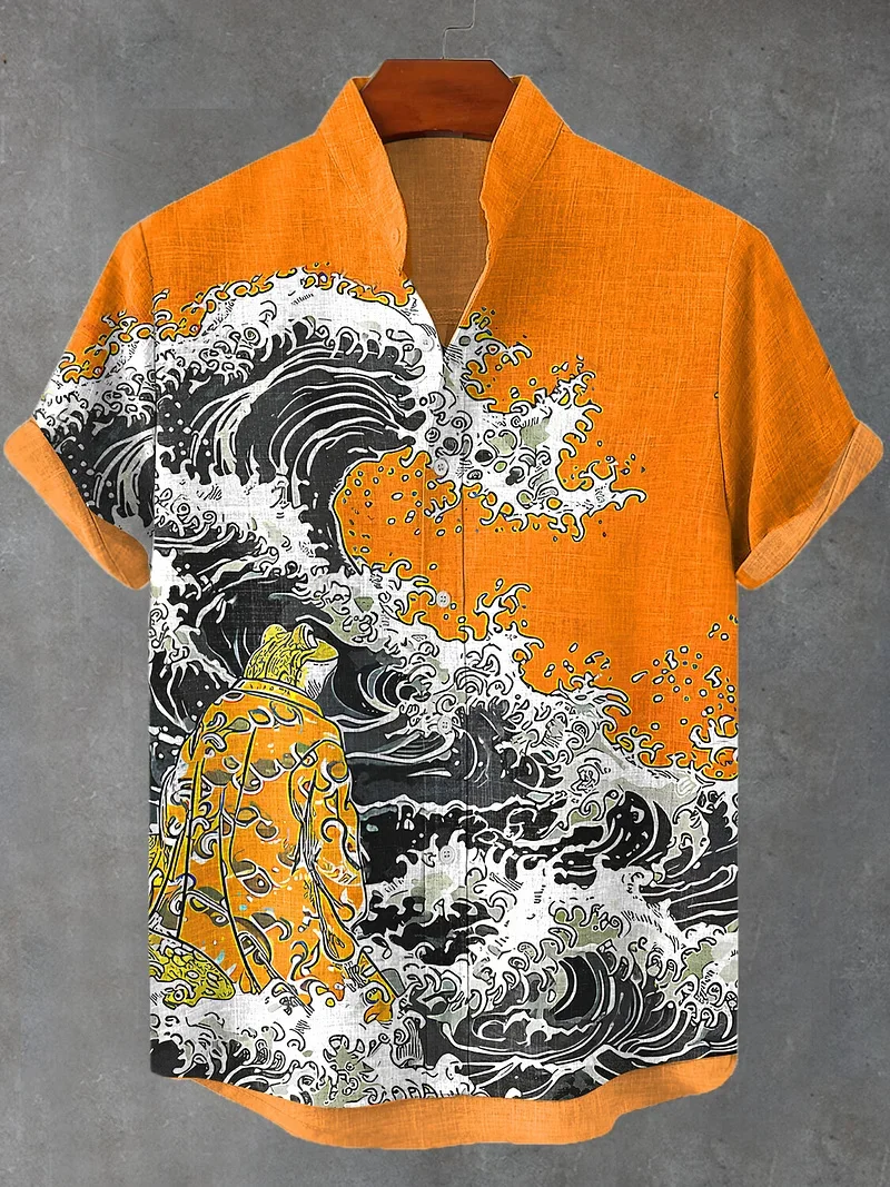 New men's Hawaiian warrior shirt, 3D wave print, casual short-sleeved top, loose ancient costume, fashionable vintage shirt