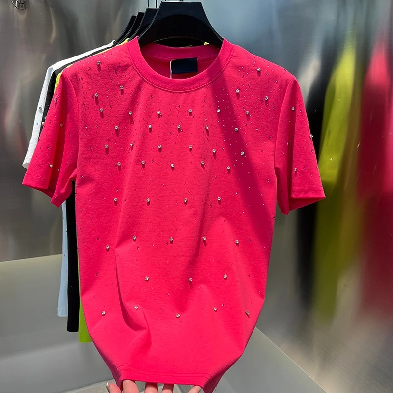 2025 Summer New Men's Fashion Versatile Round Neck T-Shirts Male Short Sleeve Hot Diamond Trendy Tops Stylish Solid Color Tees