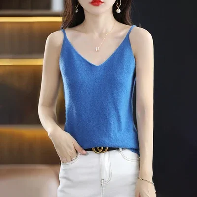 Women Camis Tops Solid Spring Summer Casual Knitted Tops Sexy V-neck Tank Tops Office Lady Top 2024 Fashion Korean Tank Top