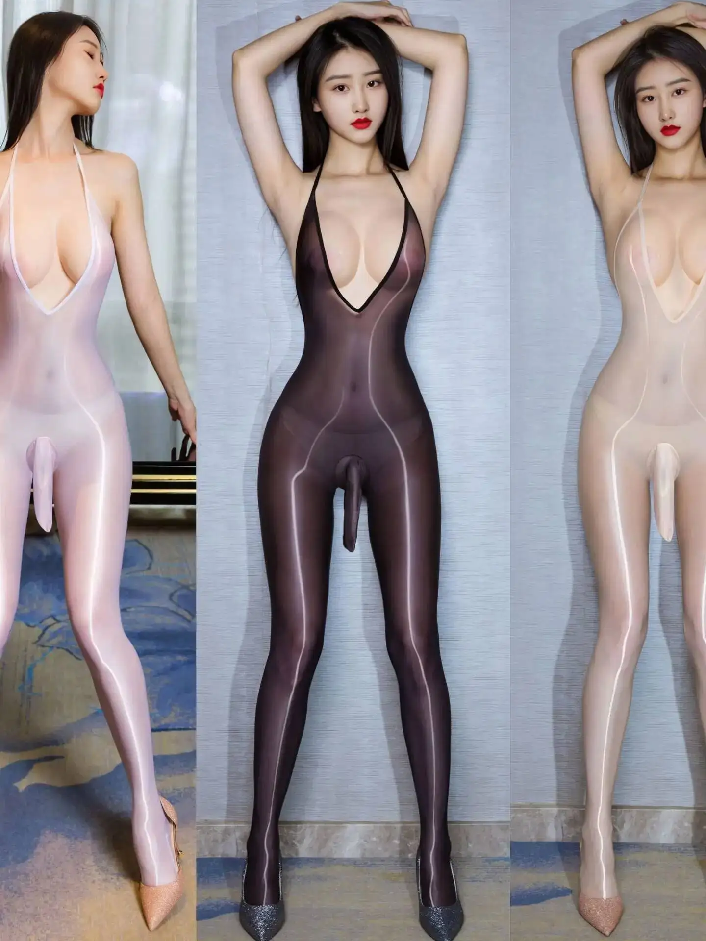 Glanzende gladde rugloze band effen kleur transparante bodysuits rugloze diepe V-bretels mouwloze hangende nek bodysuits OBO7