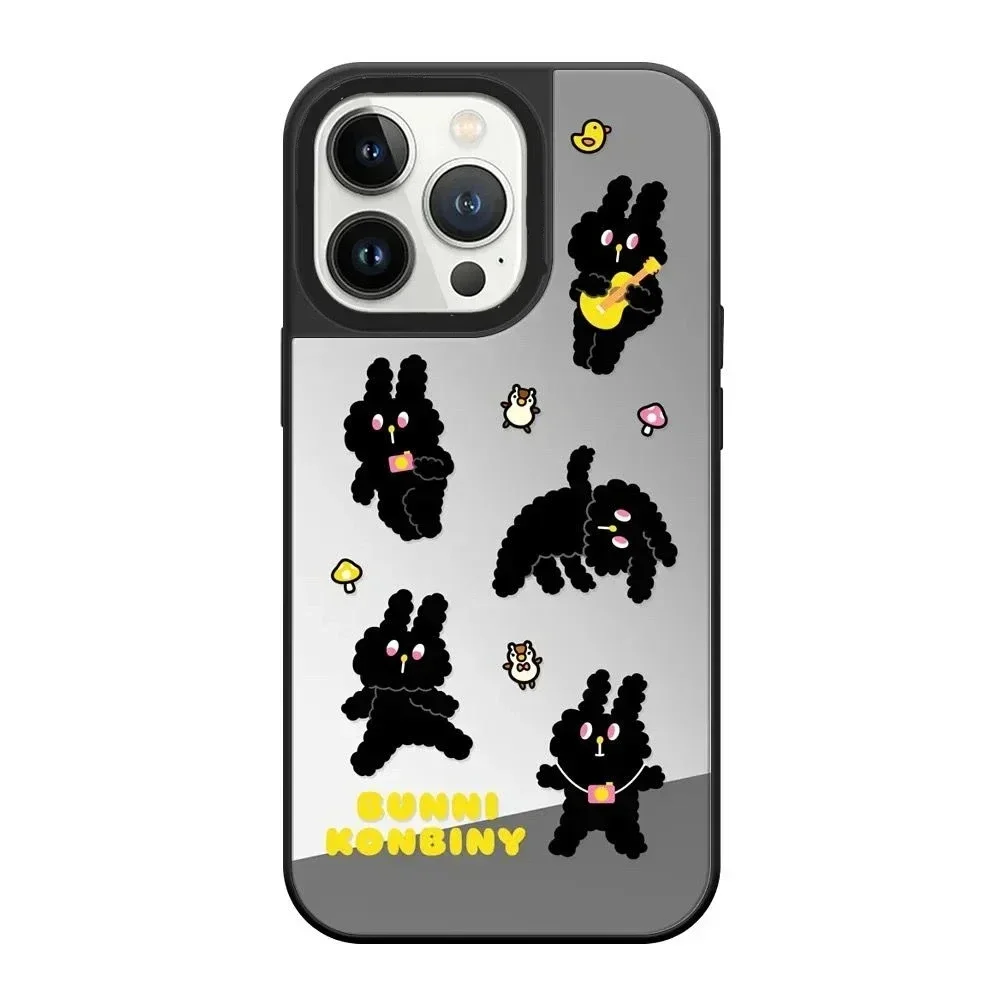 

Black Silver Mirror Surface Cartoon Rabbit Phone Case Cover for iPhone 11 12 13 14 15 Pro Max Case for iPhone 15 Pro