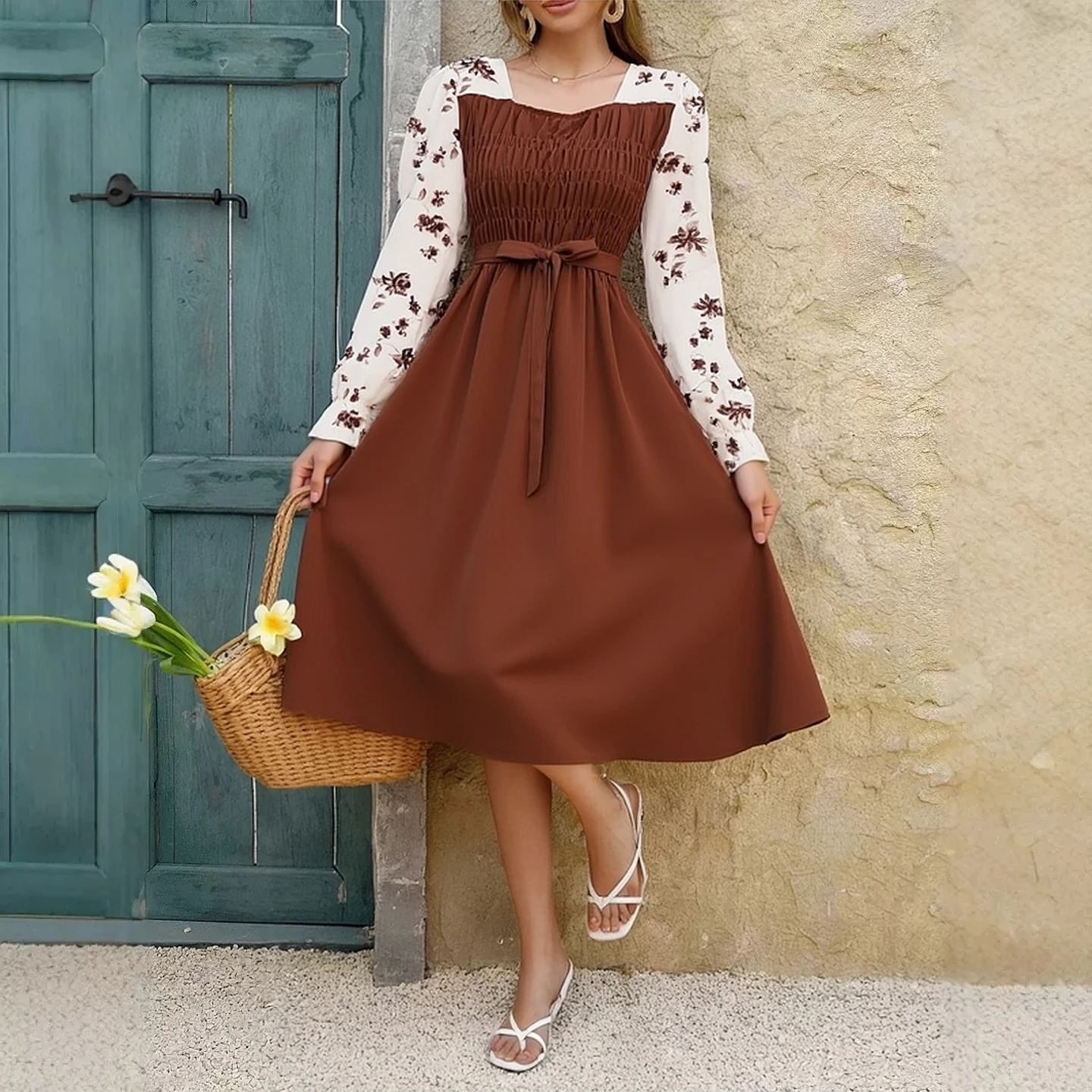 ยูโอ มูโอชุดเดรสแขนยาวผ้าชีฟองสำหรับฤดูใบไม้ผลิและฤดูร้อน ชุดเดรสยาวปานกลางสำหรับผู้หญิง เอวยางยืด ลายพิมพ์ดอกไม้ แต่งผ้าแบบแพทช์เวิร์ค ชุดลำลอง