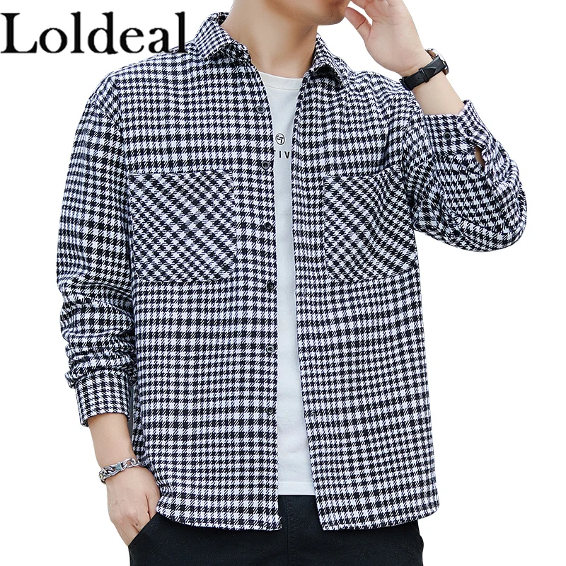 Loldeal Men Long Sleeve Button Down Casual Plaid Flannel Shirts Boyfriend Fall Blouses