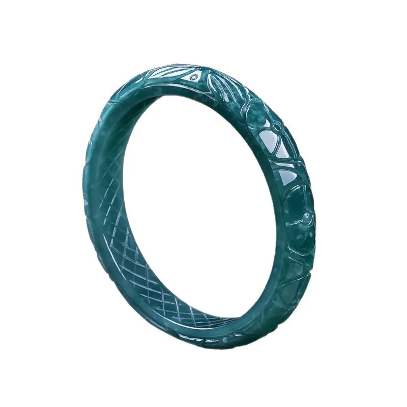 Natural Grade A Jadeite Blue Water Round Carved Phoenix Bracelet, a symbol of peace, made of ice-type jade, women's jewelry