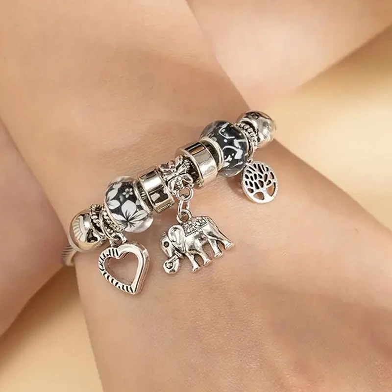 Cute Heart Tree Of Life Elephant Charm Bracelet Black Flower Glass Bead Twisted Cable Bangle For Girls Women