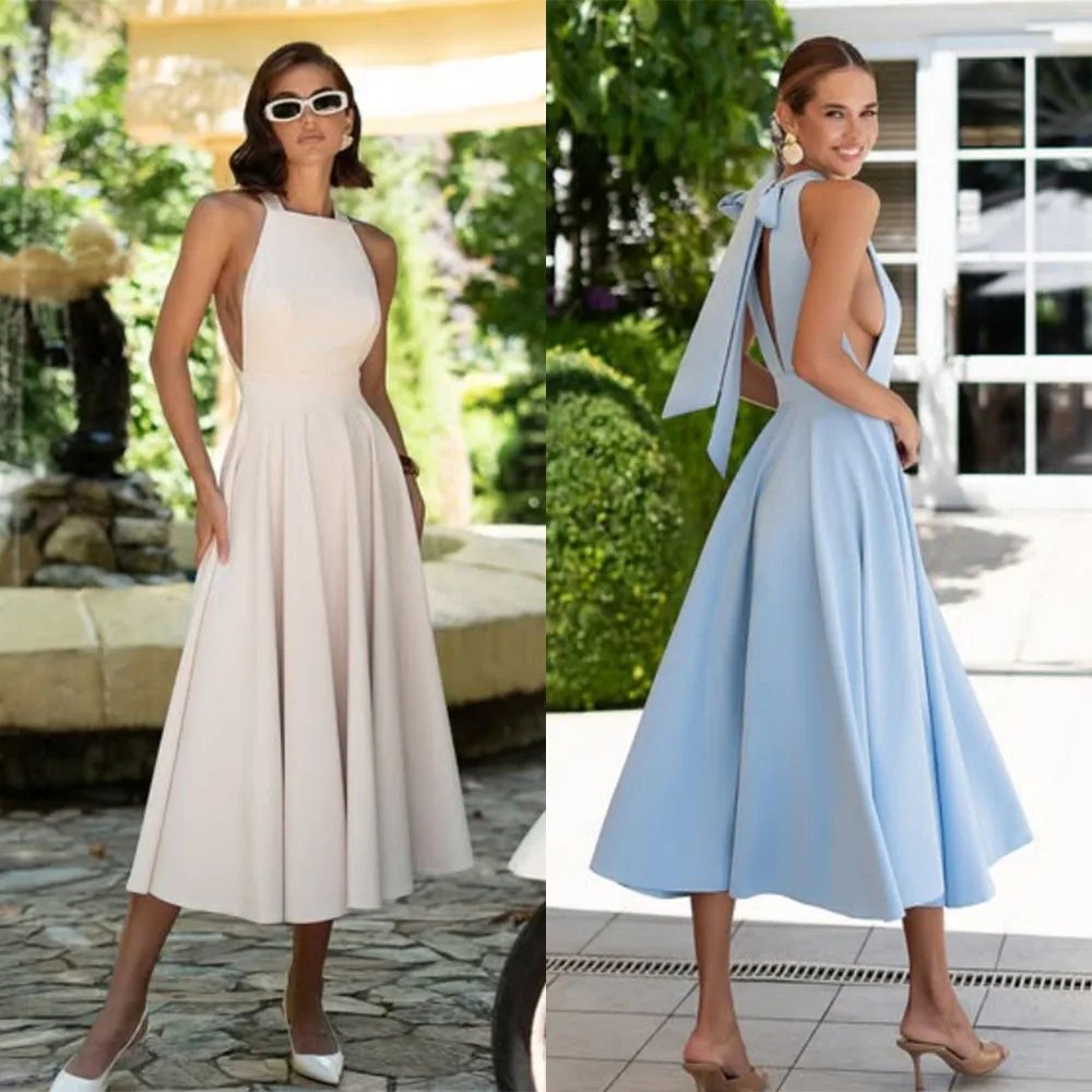 

High Quality Customized Tea Length Halter Sleeveless A-line Elegant Dress Women for Wedding Party Kleider Damen Elegant فستان