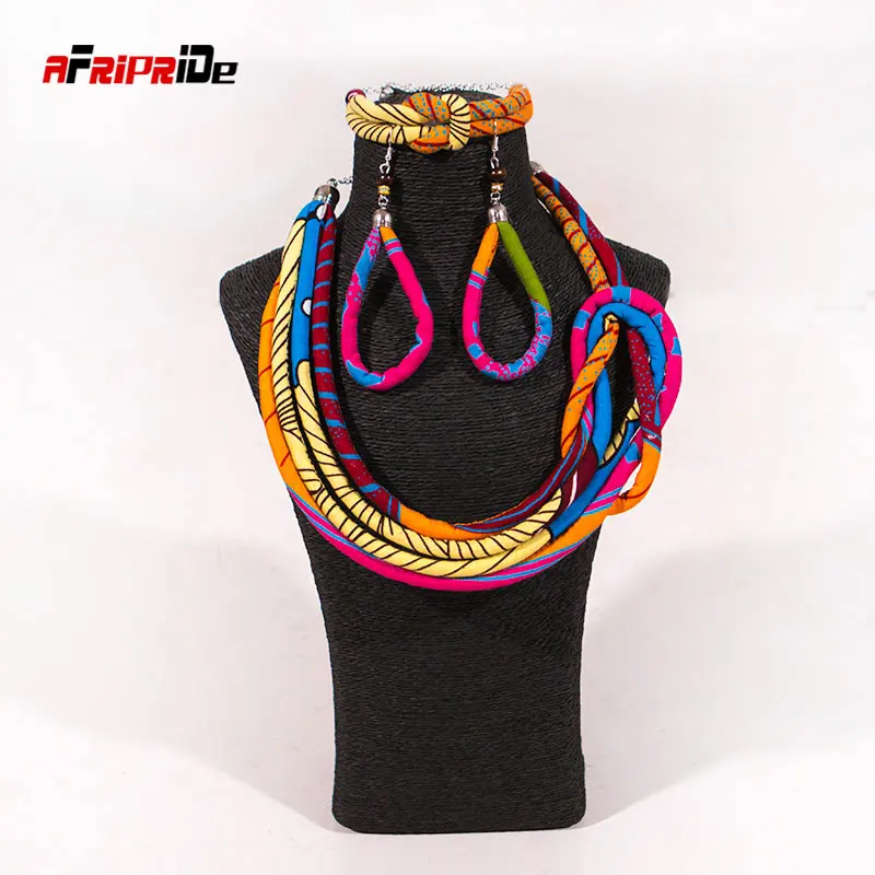 New Ankara Fabric Set Side Knot Necklace,Bracelet and Earrings 3 Pieces Afrocentric Necklace Asymmetric Necklace  WYB203