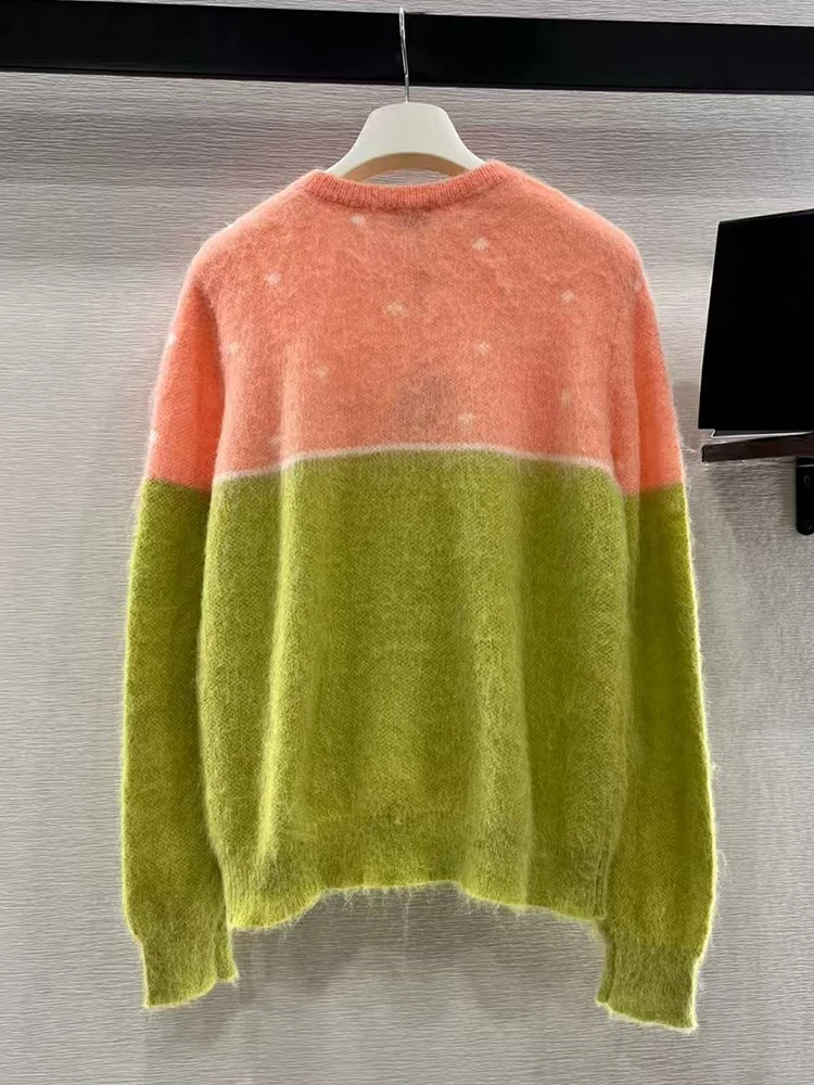 Vintage bijpassende mohair gebreide trui met ronde hals Herfst 2024 Nieuwe alles-in-één rechte trui voor dames voor een vakantiefeest