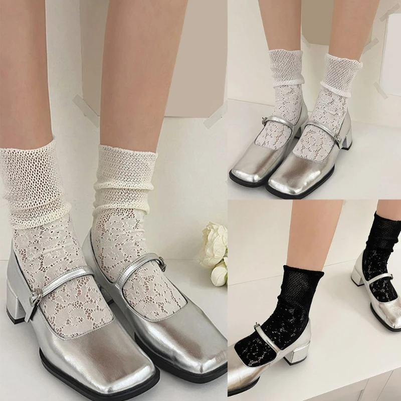 Women Flower Lace Ankle Socks Summer Loose Mesh Cuffs Splicing Socks