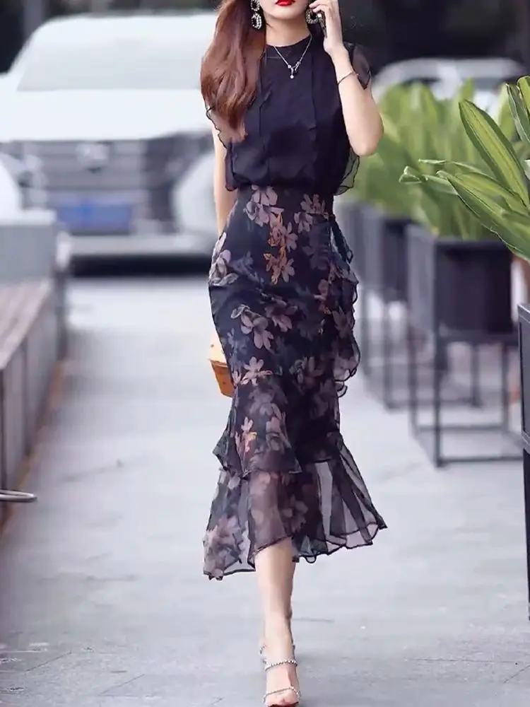 

Необычная винтажная одежда, распродажа Y2k, корейская мода, шифоновые женские юбки премиум-качества с цветочным принтом, женская юбка с высокой талией и рюшами