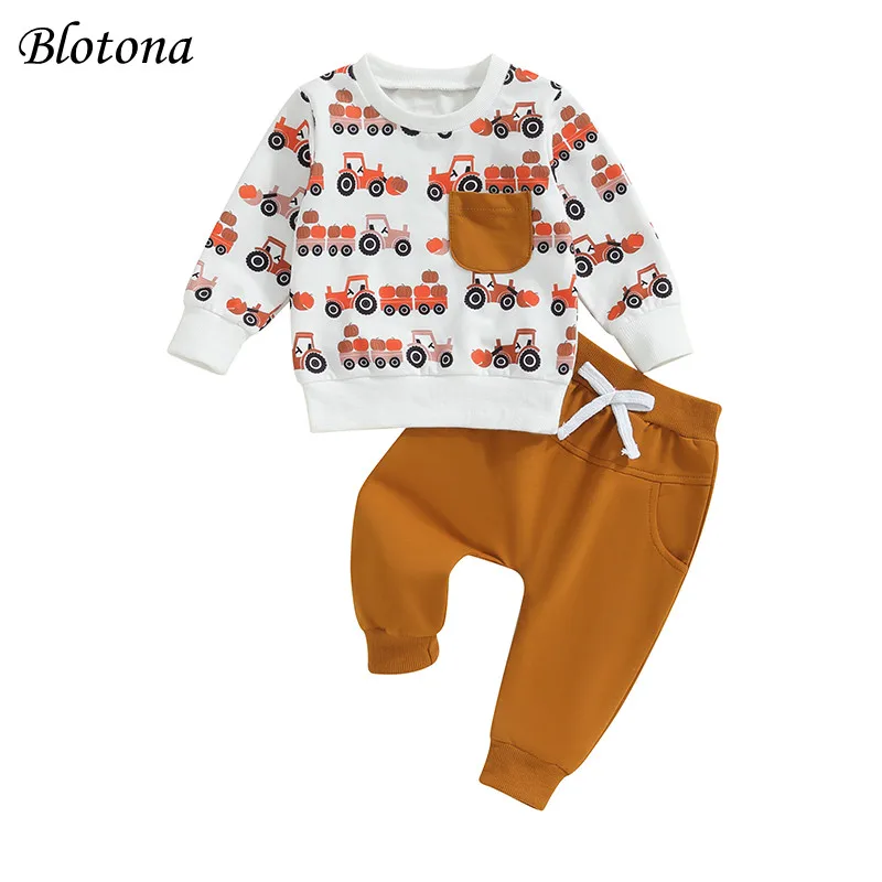 

Blotona Toddler Boys Sweatsuit Set Pumpkin Tractor Print Pocket Long Sleeve O-Neck Tops Drawstring Pants Halloween Outfits