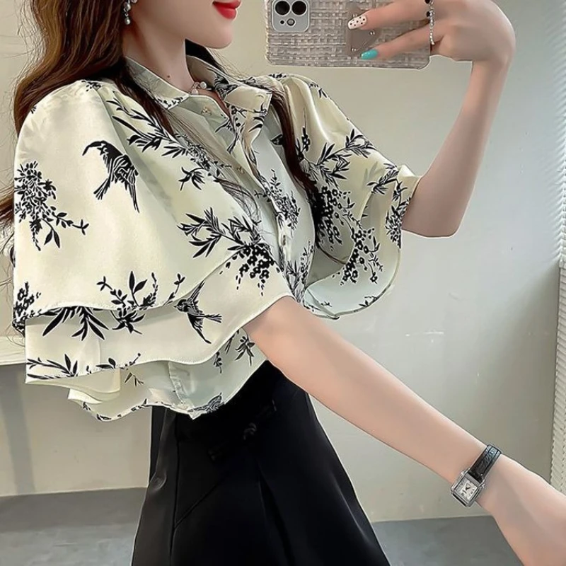 

Korean Style Versatile Ruffle Floral Print Chiffon Shirt Women Short Sleeve Sweet Summer Loose