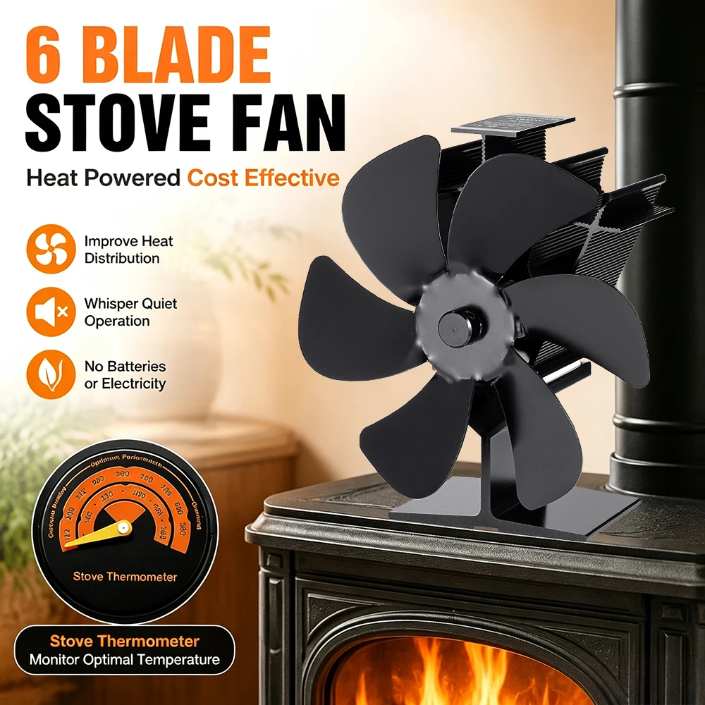 Heat Powered Wood Stove Fan 6 Blades Fireplace Fan with Thermometer Silent Fan for Log Burner Pellet Stove Winter Home Heating