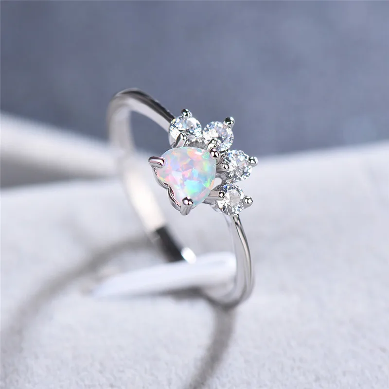 Cute Female Small Blue White Fire Opal Stone Ring Fashion Vintage Dog Cat Paw Claw Heart Wedding Jewelry For Women