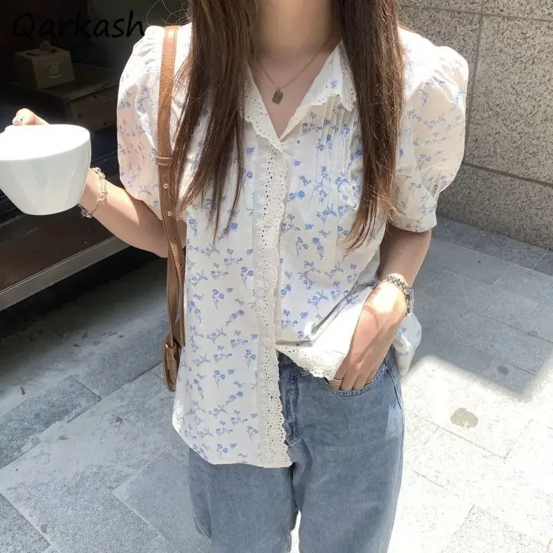

Puff Sleeve Lace Shirts Women Floral Aesthetic Kawaii Summer Baggy Holiday Girl Casual Temper All-match Clothing Fashion Ulzzang