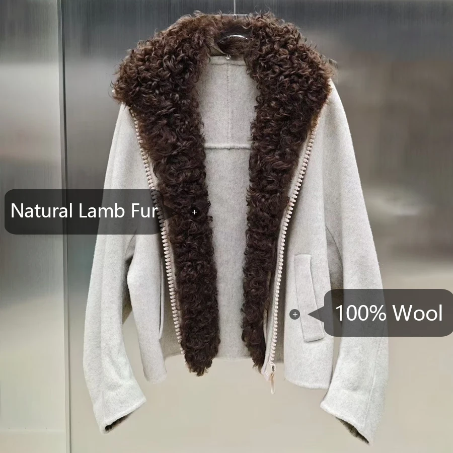 معطف شتوي دافئ من الصوف مع ياقة من فرو الضأن معطف فرو حقيقي الأكثر مبيعًا سترة فاخرة