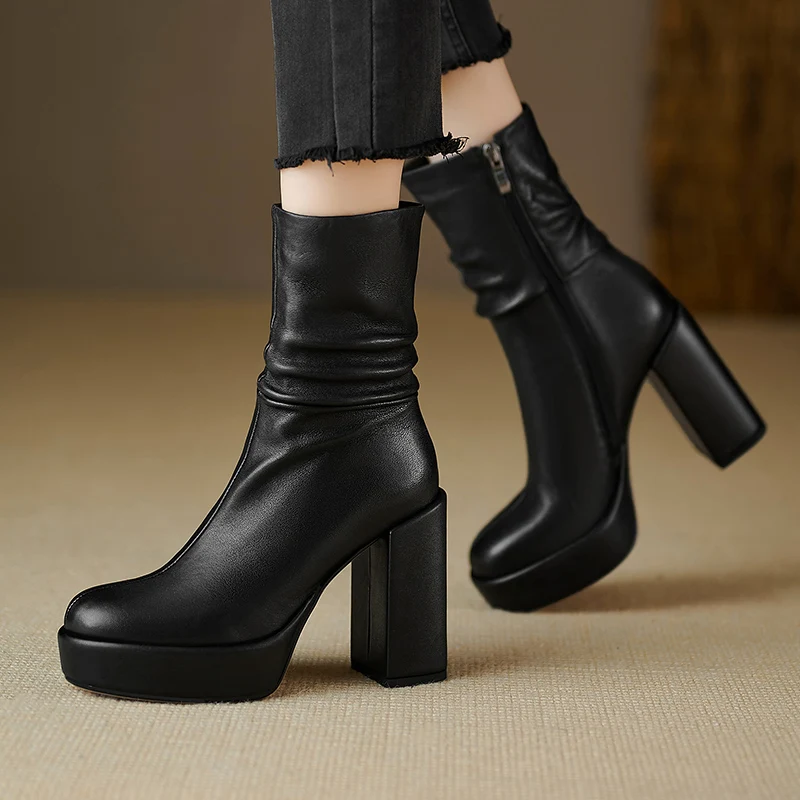 امرأة حذاء من الجلد جولة تو جلد طبيعي كتلة كعب مطوي بوتاس الجانب البريدي الخريف أحذية موضة الشتاء الدافئة بوتاس #5