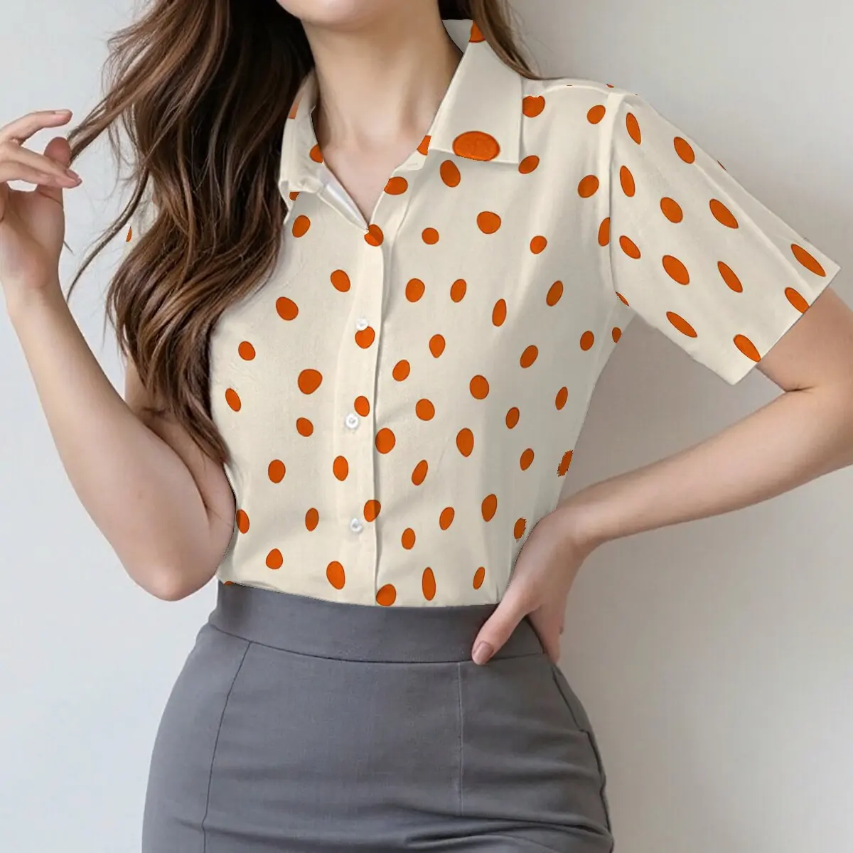 

Summer women's Short-sleeve Shirt • Retro Orange Polka Dots • For Literary Gatherings & Business Casual, Premium Texture