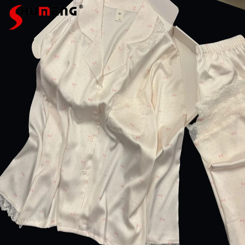 

Autumn Polka Dot Bowknot Women's Pajamas Ice Silk Sweet Lace Long Sleeve Homewear Set Female Japanese Style Sweet Sleep Suit