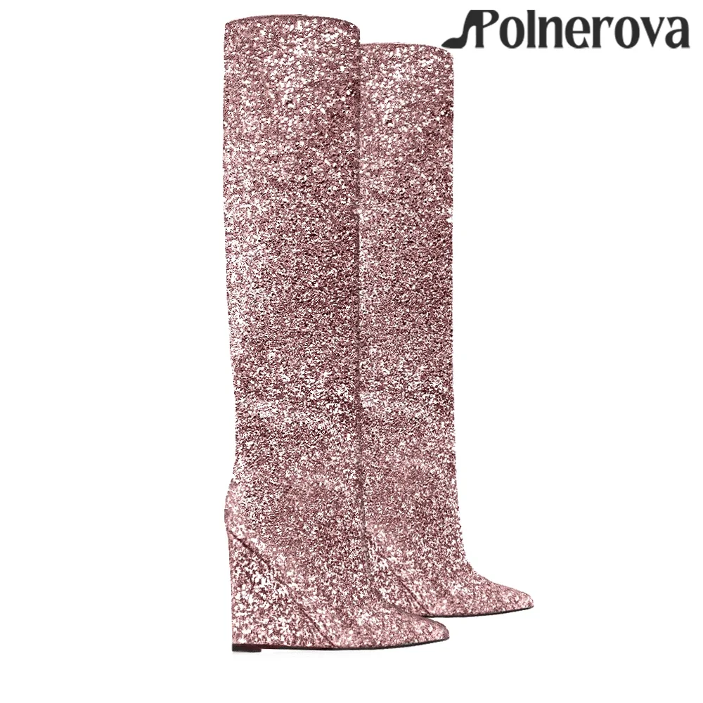 Shiny Glitter Luxury Wedge Knee Boots Pointed-Toe Tubular Boots Women's Designer Style Fashion Handmade Bling Bling Wedge Boots