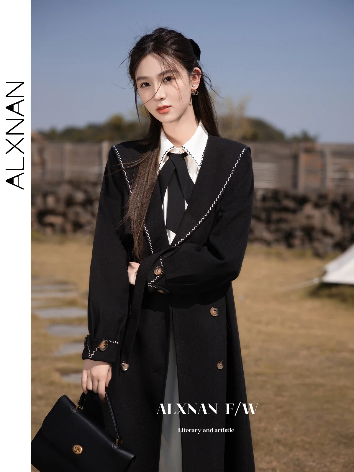 ALXNAN Cappotto di lana da donna Preppy Nero ricamato con scollo a V Manica lunga Giacche monopetto Cintura Cappotto autunno inverno LXN27961