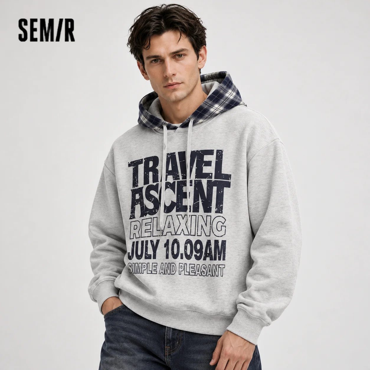 Semir Men Hoodies Retro Plaid Patchwork Pullover Letter Print Loose 2026 Autumn Urban Casual Style Knit Top Daily Layer
