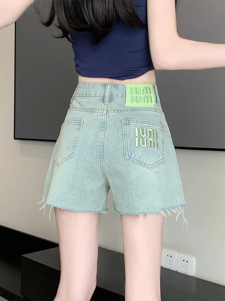 

High Waist Wide Leg Short Jeans Women's Summer Loose Slimming Small Size A-Line Hot Pants Embroidery Design Casual Cotton Denim