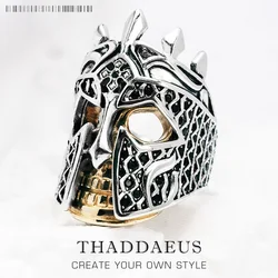 Yellow Gold Plated Ring Knight Helmet Fine Jewerly For Women Men Winter Brand New Vintage Gift In 925 Sterling Silver