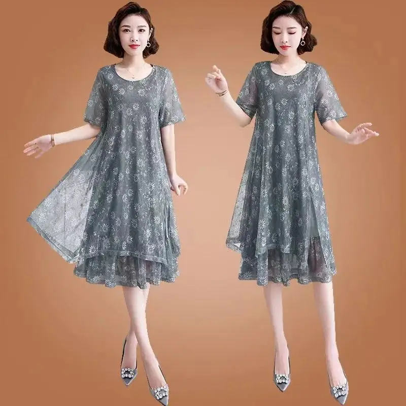 Fashion O-Neck Printed Gauze Asymmetrical Floral Dress Women Clothing 2024 Summer New Loose Office Lady Irregular Vintage Dress