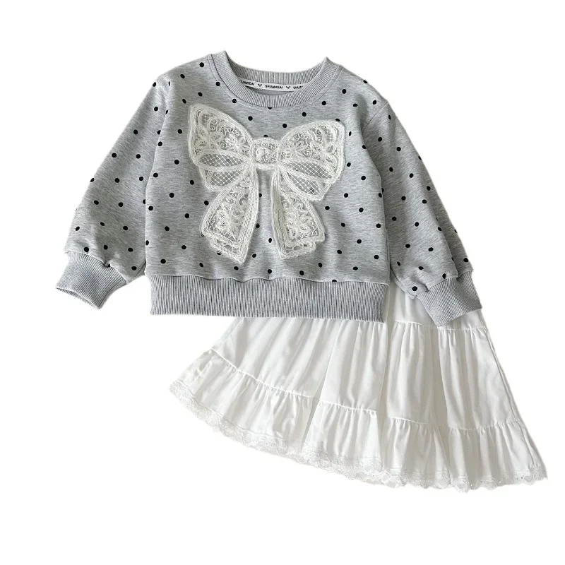 Autumn Girls Suits Spring Bow Sweatshirts+Lace Skirt Princess Children Casual Clothes Two Piece Sets Fall Girls Outfits Set 2-7Y