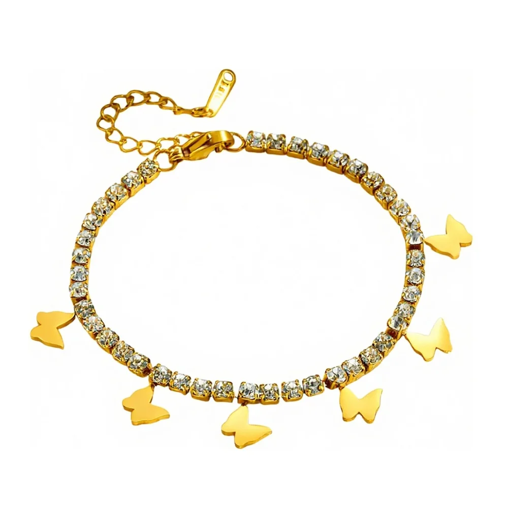 

Punk Iced Out Tennis Chain Link Bracelet Female Gold Color Stainless Steel Butterfly Charm Bracelets for Women Jewelry Braclet