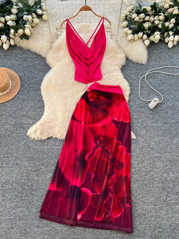 

Foamlina Летний шикарный комплект из 2-х предметов с цветочным принтом Женский сексуальный укороченный топ с открытой спиной и длинная юбка трапециевидной формы Шикарный наряд