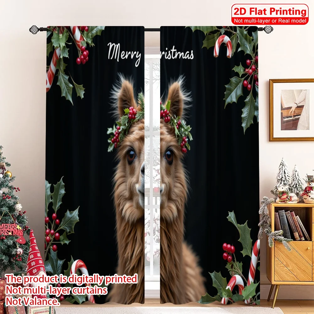 

2pcs 2D flat printing Christmas Drapes Merry Christmas Alpaca Gifts Polyester Fabric Without Electricity Family Party Use for