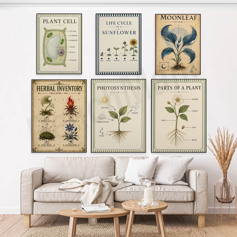 Mysterious plant illustrations, plant cells, plant anatomy, sunflower life cycle, herbal guide, photosynthesis poster, biology