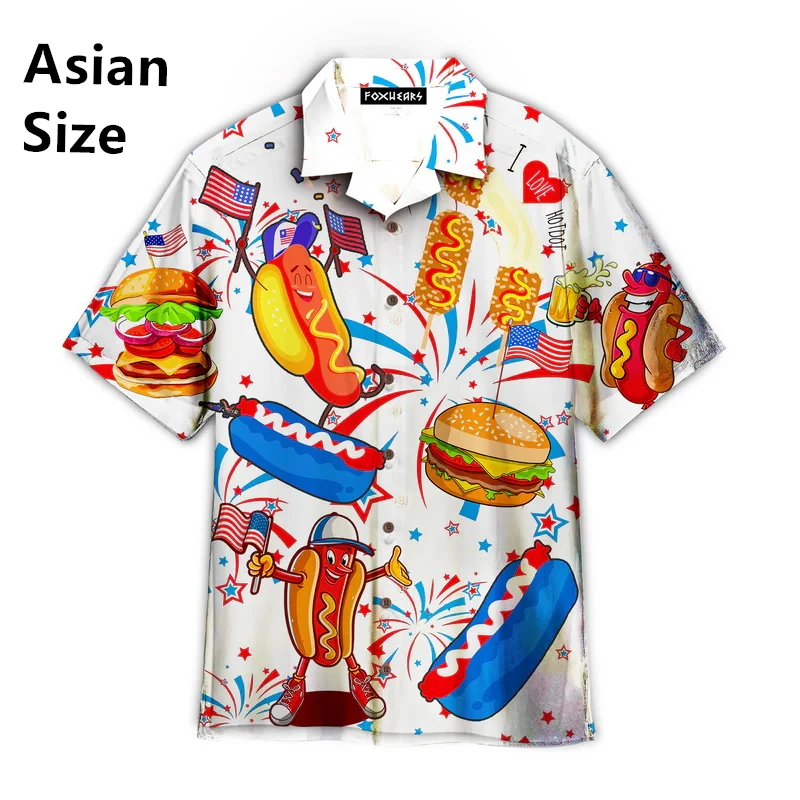 New Summer Man Shirts High Quality Clothing Tasty Food Hot Dog Burger Print Hawaiian Shirt Men Plus Size Elegant Blouses Tops