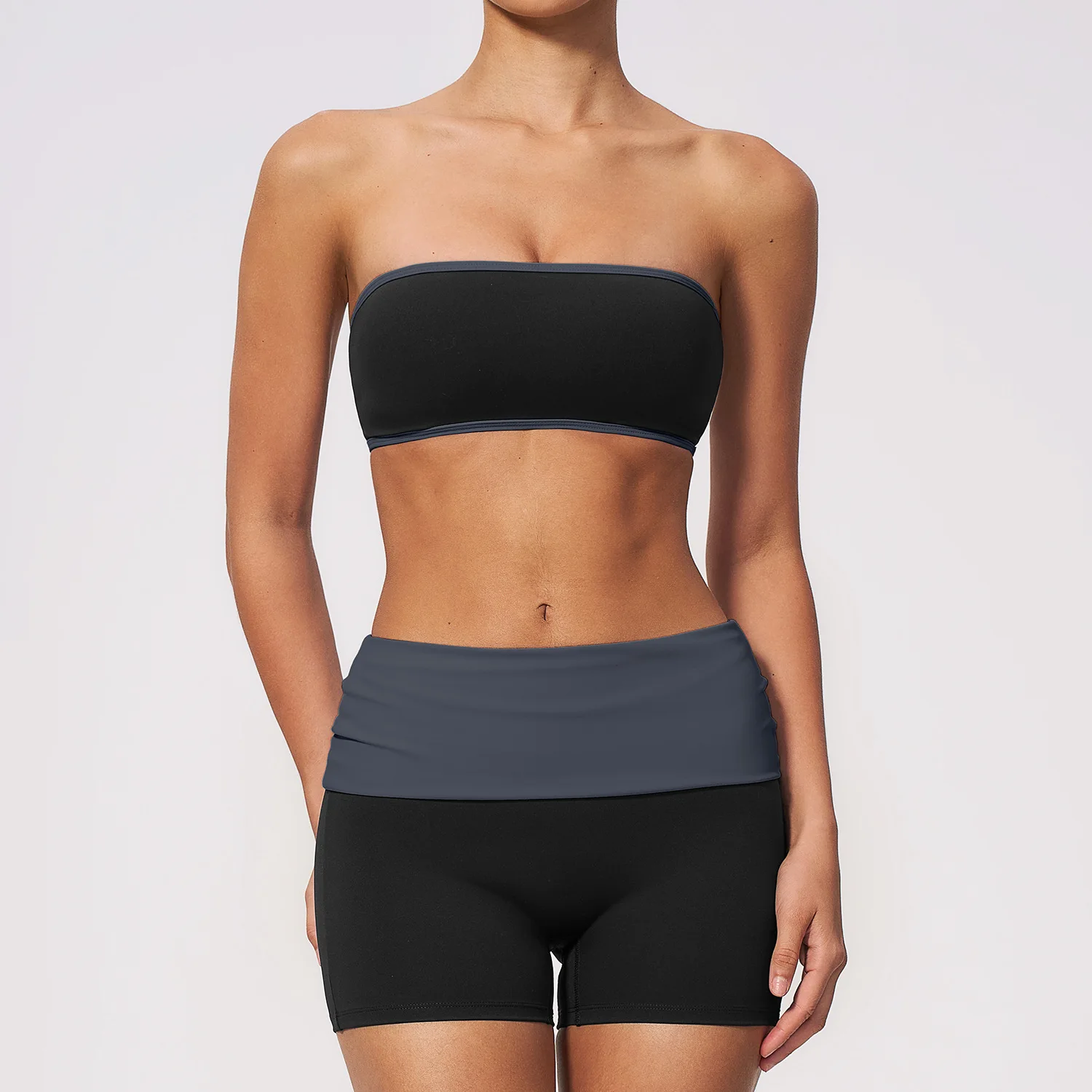 Contrast Color Yoga Set Off Shoulder Sports Bra High Waist Folded Gym Shorts Tracksuit Cloud Feeling Workout Fitness Running Set