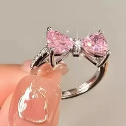 Y2K Pink Crystal Bowknot Zircon Rings for Women Fashion Sweet Lovely Girl Open Adjustable Ring Kpop Party Jewelry Gift 2024