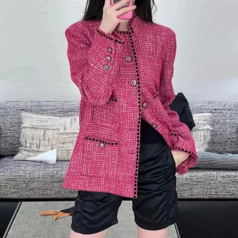 

Small Fragrance Stand Collar Tweed Red Coat Women Autumn Winter High-quality Loose Fashion Korea Long-sleeved Ladies Jacket 1600