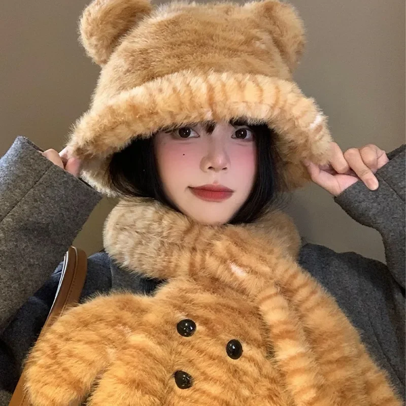 Bear Ears Plush Bucket Hats Winter Hat Scarf Two-piece Set Women Leopard Print Neck Protection Cold Proof Warm Cartoon Scarf