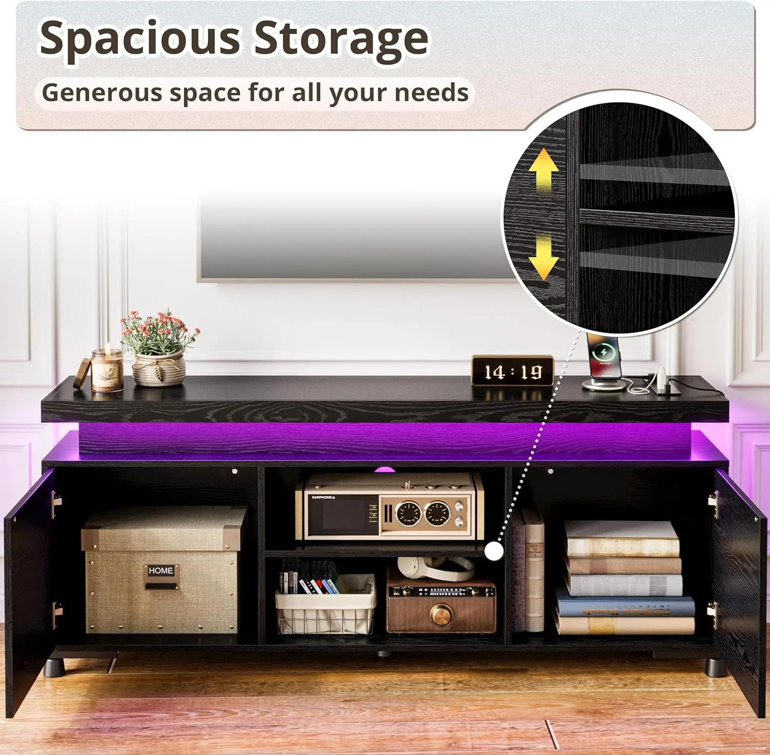 Suportes de TV para TVs 65 + polegadas com tomada de energia de luzes LED, console de TV moderno, centro de entretenimento, armário de armazenamento para sala de estar