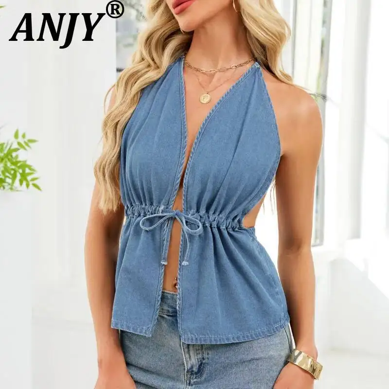 

ANJY Summer New Women Stylish Sexy Backless Shirring Lace-Up Halter Strap Denim Tank Top Trend Fashion V-Neck Design Vest A22954
