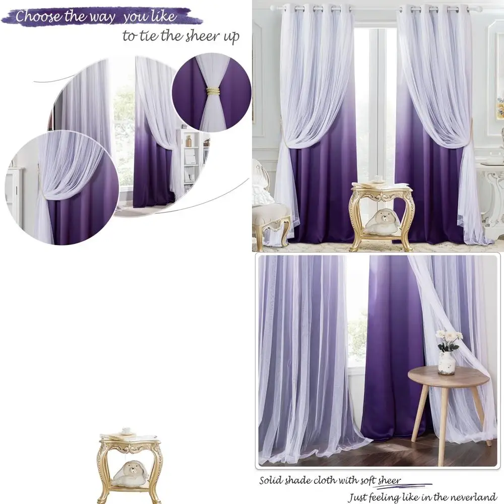 

Lilac Ombre Blackout Curtains, 52x84 Double Layer, White & Purple, 2 Panels for Bedroom & Living Room