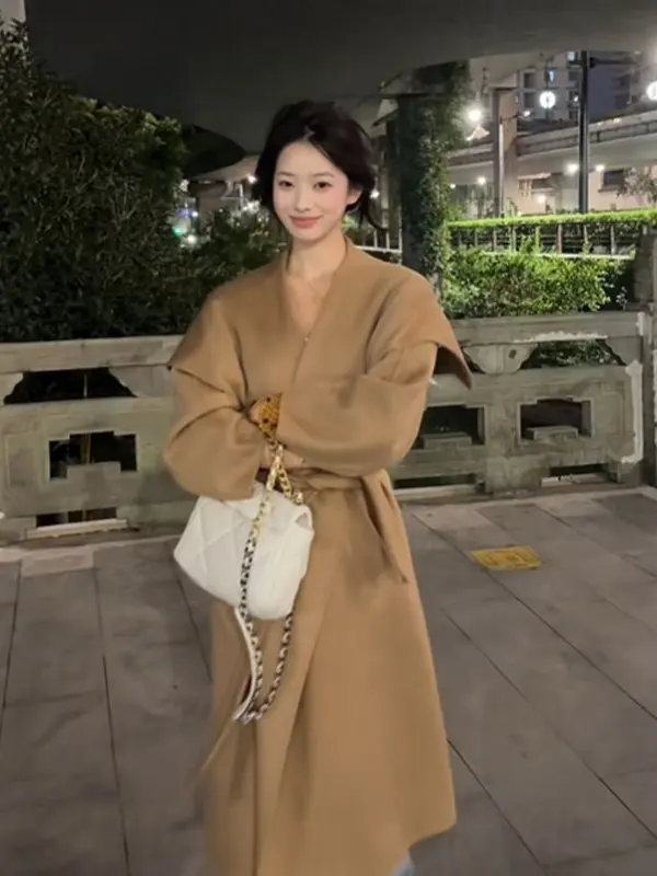 

Retro Brown Large Collar Woolen Coat Ele High Quali Tweed Coat Long Sve Straight Cut Commute Sle Anti-Stain Fabric