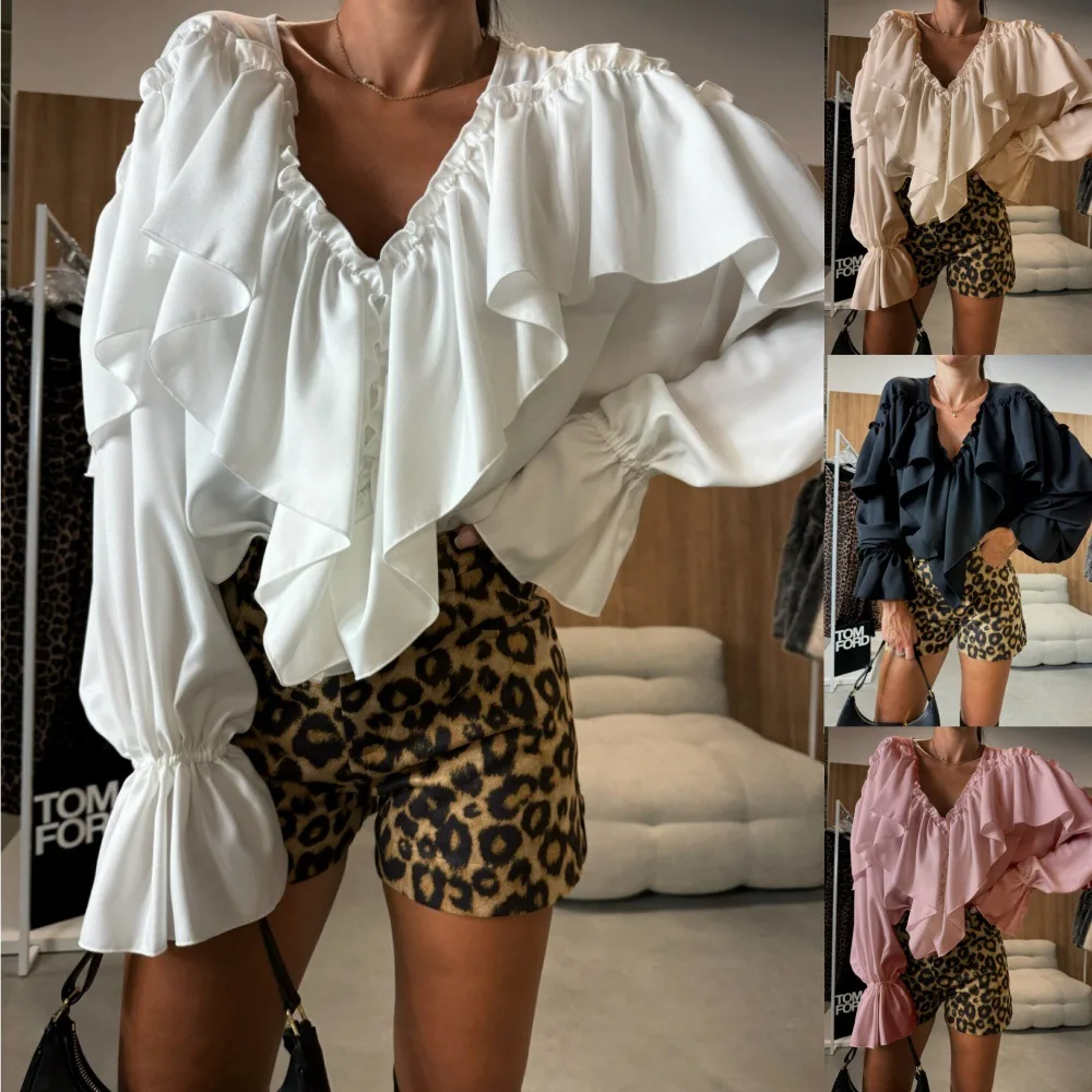

Casual Women V-Neck Flared Sleeve Pullover Spring Ruffle Design Loose Top Shirt Fashion Solid Color Black White Blouses 2025 New