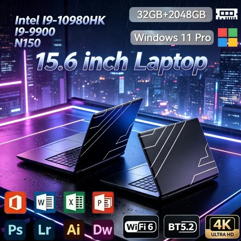 15.6 Inch Multi‑Purpose Ultra Slim Laptop PC Intel I9 10980HK I9‑9900 N150 32GB RAM 1TB 2TB SSD Windows11 Notebook For Business