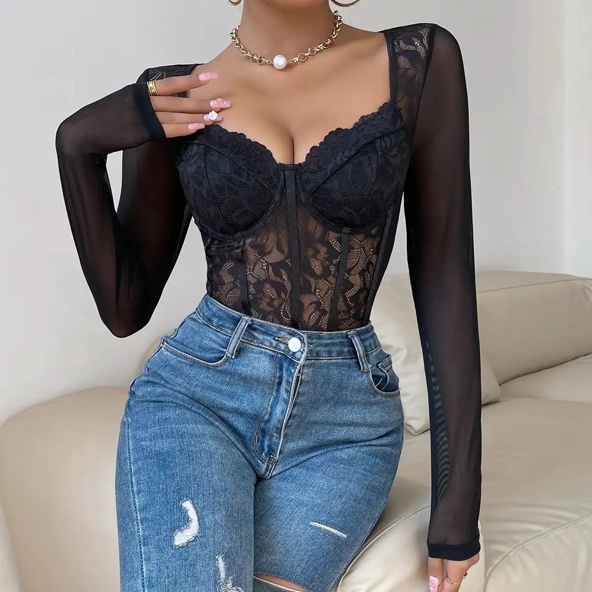 

Lace Mesh Bodysuits Elegant Women Sexy Lingerie Long Sleeve Shapewear Body Shaper Tank Tops Nightclub Slim Fitte Jumpsuit Onesie