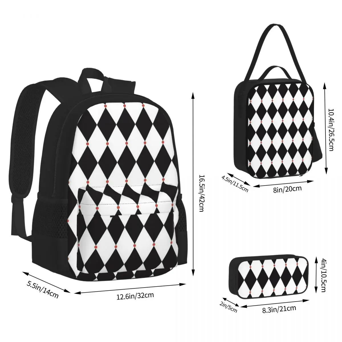 Harlequin Plaid Playing Cards Backpacks Students Bookbag School Bags Kids Rucksack Lunch Bag Pen Bag Three-Piece Set