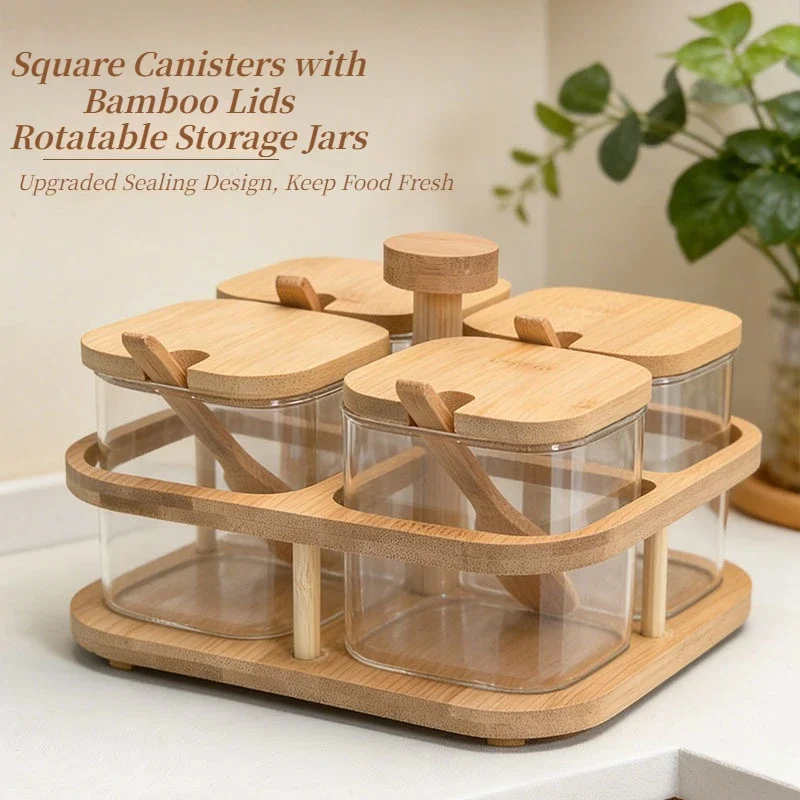Bamboo Lid Rotatable Spice Jar Set, 360° Rotating Tray, Airtight Kitchen Condiment Storage Canister with Serving Spoons